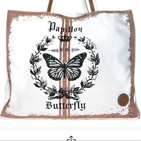 Le Papillon-Butterfly-white/beige pink striped canvas/leather tote NWT LAST1!!! - Picture 3 of 10